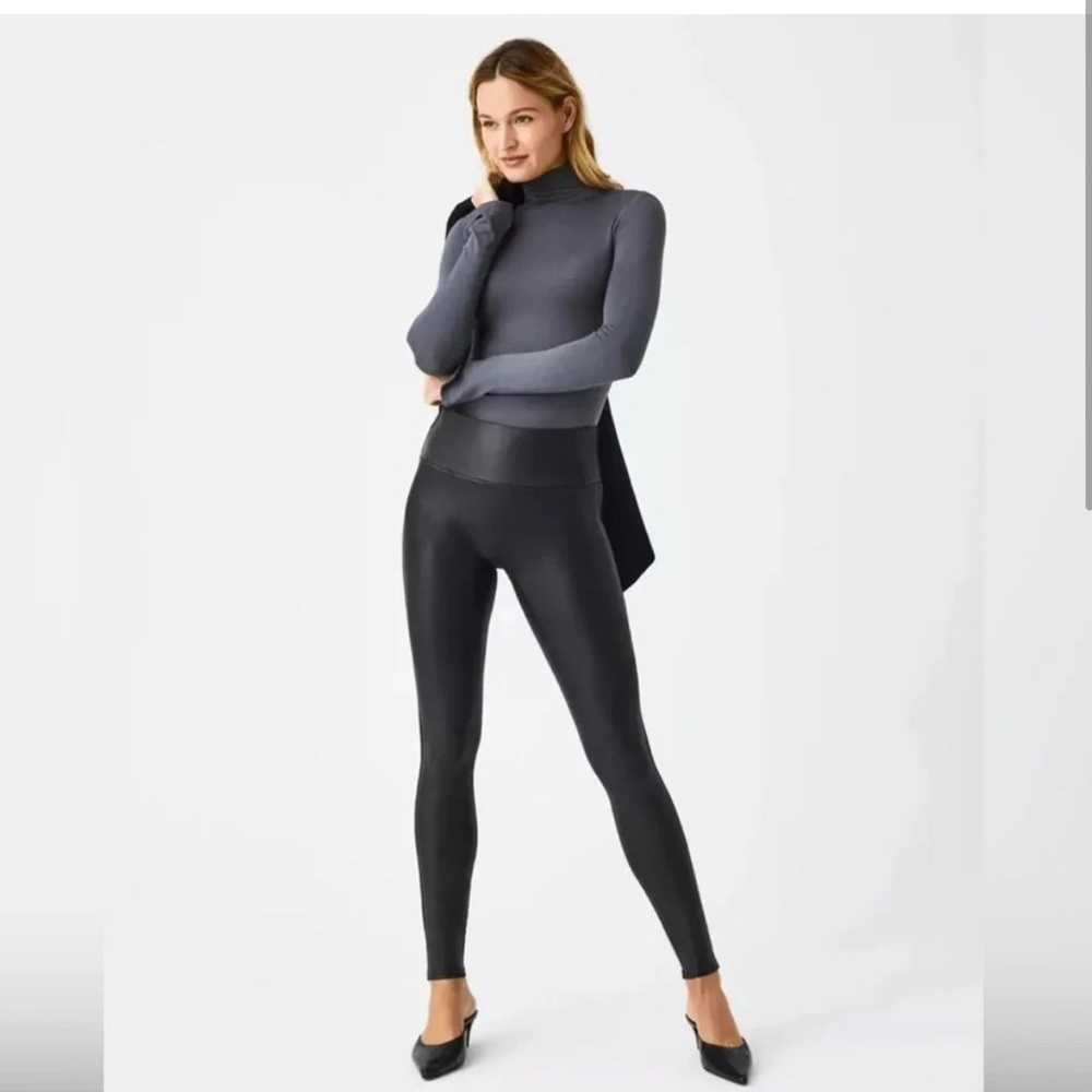 SPANX Faux Leather Black Power Waistband High Waist Leggings size LARGE